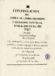 Continuación del Indice de Libros Prohibidos y Mandados Expourgar Publicado en el Año 1747